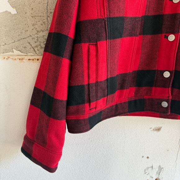 Gap Buffalo Plaid Jacket Womens XL Red Black Faux Fur Trim Boxy Cropped Bomber - Picture 2 of 8